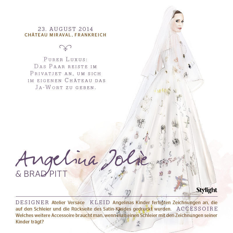 Infoslide mit den wichtigsten Infos zu Angelina Jolies Hochzeit als eine der schönsten Star-Bräute der letzten Jahre
