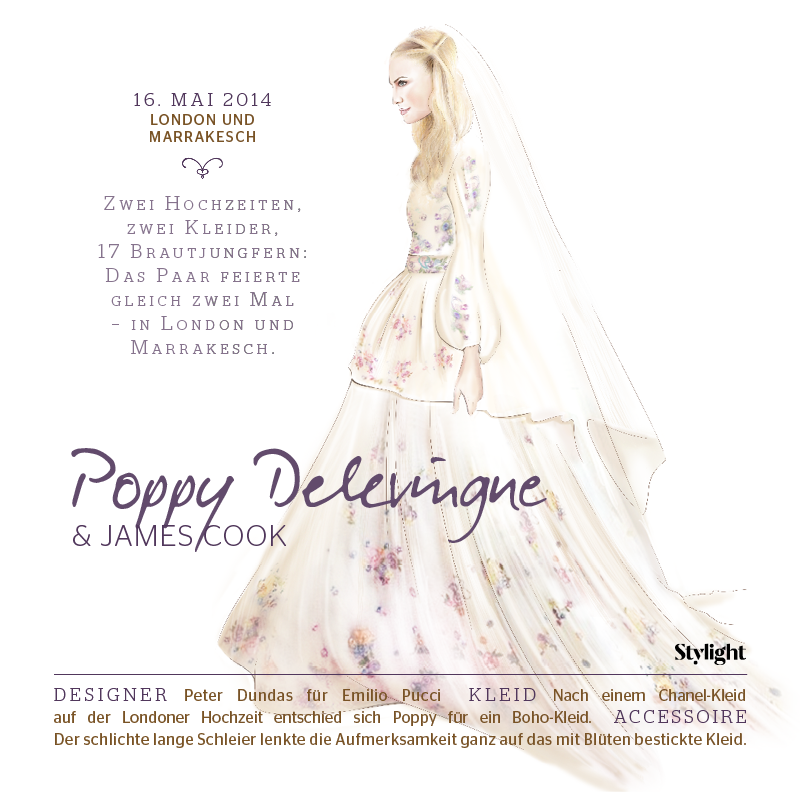 Infoslide mit den wichtigsten Infos zu Poppy Delevingnes Hochzeit als eine der schönsten Star-Bräute der letzten Jahre