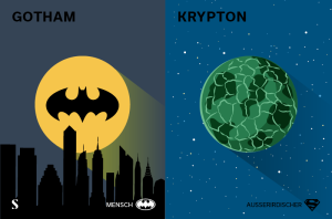 Das Style Battle von Batman und Superman mit dem Planeten-Vergleich